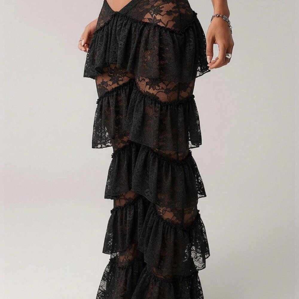 Black Y2k Women's Sexy Low Waist Western Party Pants with Ruffle Hem - Picture 5 of 5